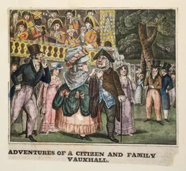 Aventuras de um cidadão e família Vauxhall, 1826 (gravura colorida à mão)
